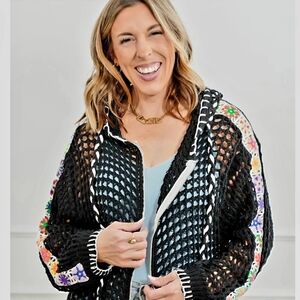 POL Black Crochet Jacket with Floral Accents